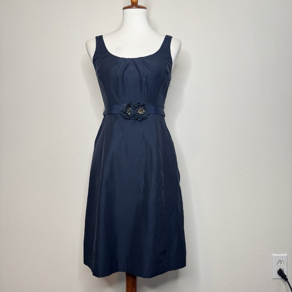 GLINT Silk Blend Sleeveless Dress Sz 2 Navy Belted Cocktail Wedding Guest